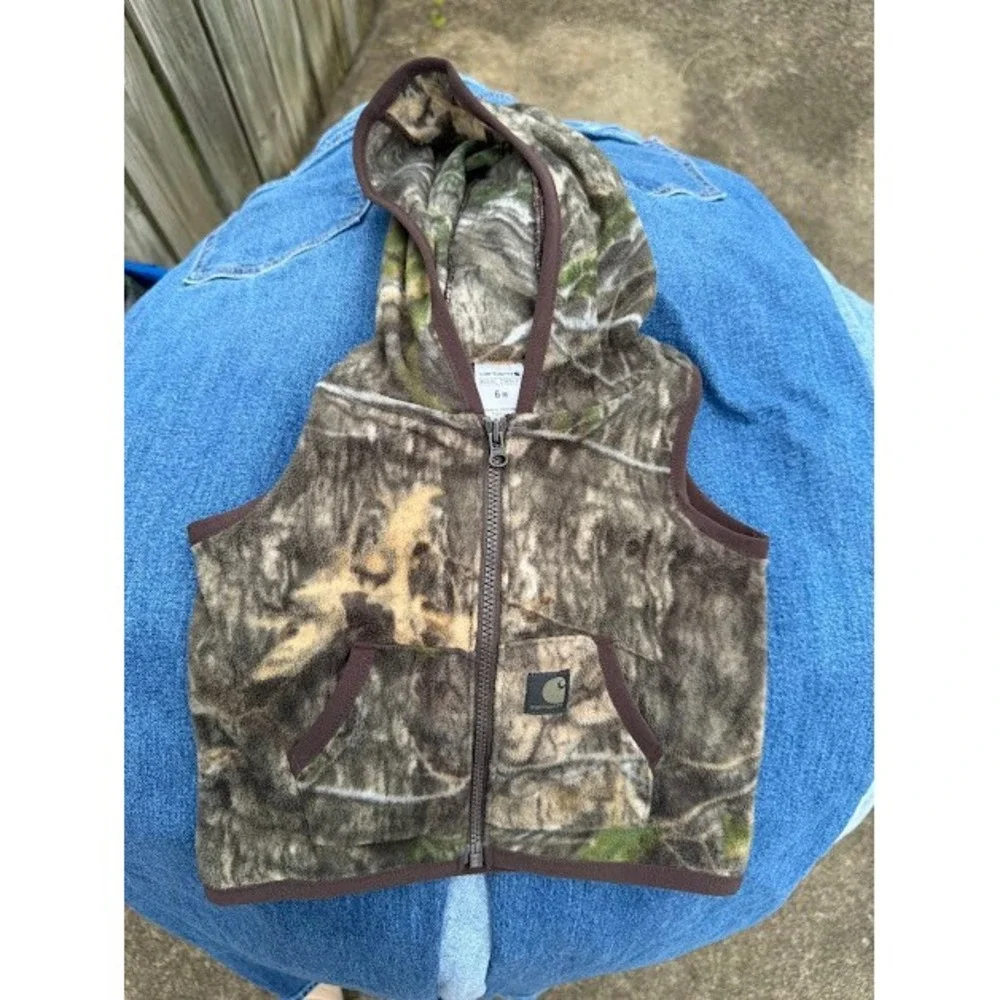 Camo Carhartt Fleece Vest Kids 6M Brown Real Tree Hooded Zip Up ST8886-B Rugged